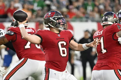 Tampa Bay Buccaneers' Baker Mayfield passes during the first half of an NFL football game against the Philadelphia Eagles, Monday, Sept. 25, 2023, in Tampa, Fla. (AP Photo/Jason Behnken)