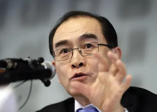Tae Yongho, a former minister of the North Korean Embassy in London who fled to South Korea in 2016, speaks to the media in Seoul, South Korea, Feb. 19, 2019. (AP Photo/Lee Jin-man, File)