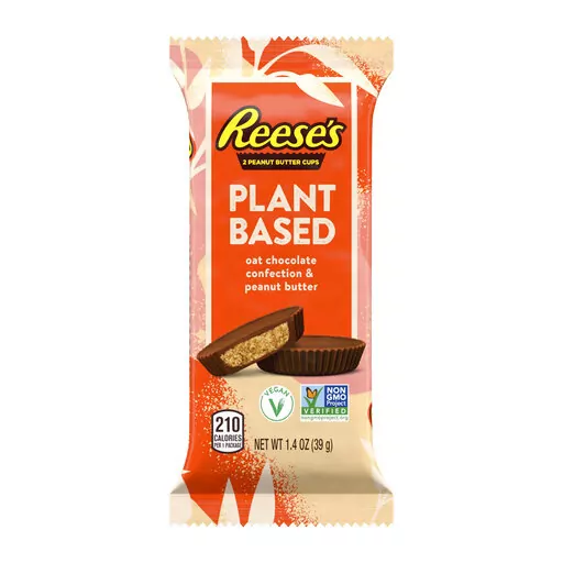 This image provided by The Hershey Company shows the company's new plant-based Reese's peanut butter cups. Hershey said Tuesday, March 7, 2023, that Reese’s plant-based peanut butter cups will be its first plant-based chocolate sold nationally when they go on sale in March. A second vegan offering, Hershey’s plant-based extra creamy with almonds and sea salt, will follow in April. (The Hershey Company via AP)