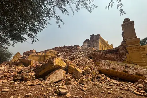 Damaged Maha Aungmye Bonzan Monastery, commonly known as the Me Nu Brick Monastery, is seen in the aftermath of Friday's earthquake in Innwa, Tada-U township, Mandalay, Myanmar, Friday, April 4, 2025. (AP Photo)