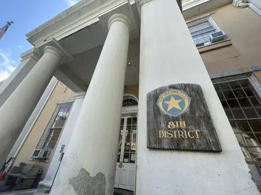 New Orleans' 8th District Police station in the French Quarter on Monday, July 1, 2024. Police Superintendent Anne Kirkpatrick said that the station is being designated a vocational-technical school because training of officers takes place in a classroom there. The designation means gun possession will be forbidden in a 1,000-foot radius of the building. The move comes as a new state law eliminates permit requirements for carrying a concealed handgun. (AP Photo/Kevin McGill)