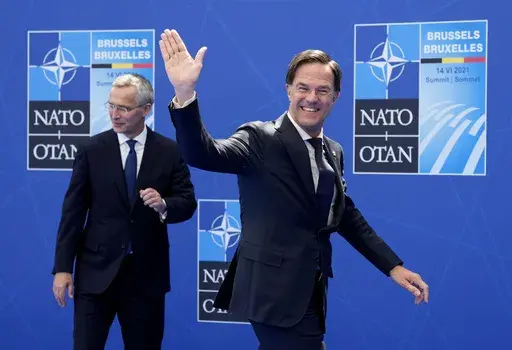 NATO Secretary General Jens Stoltenberg, left, greets Dutch Prime Minister Mark Rutte during arrivals for a NATO summit at NATO headquarters in Brussels, Monday, June 14, 2021. The United States is the most powerful member of NATO. It spends much more on defense than any other ally and far outweighs its partners in terms of military muscle. NATO's day-to-day work is led by its secretary-general Jens Stoltenberg, until he is replaced on Oct. 1, 2024 by Dutch Prime Minister Mark Rutte. (AP Photo/F
