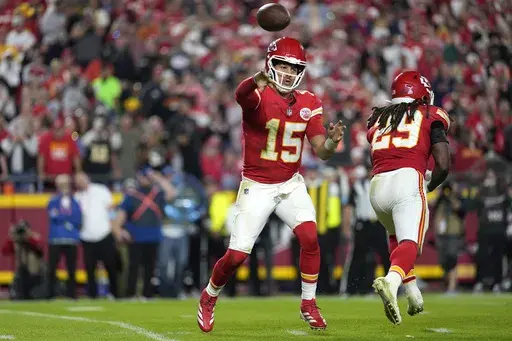 Kansas City Chiefs quarterback Patrick Mahomes throws during the second half of an NFL football game against the New Orleans Saints Monday, Oct. 7, 2024, in Kansas City, Mo. (AP Photo/Ed Zurga)