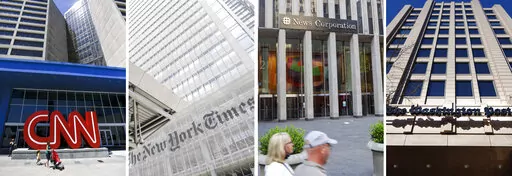 Exterior images, from left, appear of CNN headquarters on Aug. 26, 2014, in Atlanta, the New York Times building on June 22, 2019, in New York, News Corporation headquarters with Fox News studios on July 31, 2021, in New York and The One Franklin Square Building, home of The Washington Post, on Feb. 8, 2019, in downtown Washington. The metrics are ugly for many television, digital and print news organizations: after record-setting engagement numbers in 2020, many people are cutting back on news 