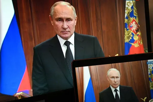 Russian President Vladimir Putin is seen on monitors as he addresses the nation after Yevgeny Prigozhin, the owner of the Wagner Group military company, called for armed rebellion and reached the southern city of Rostov-on-Don with his troops, in Moscow, Russia, Saturday, June 24, 2023. The armed rebellion by a powerful mercenary group against the Russian military was over in less than 24 hours, but the disarray within the enemy’s ranks was an unexpected morale-boosting gift for Ukraine – at