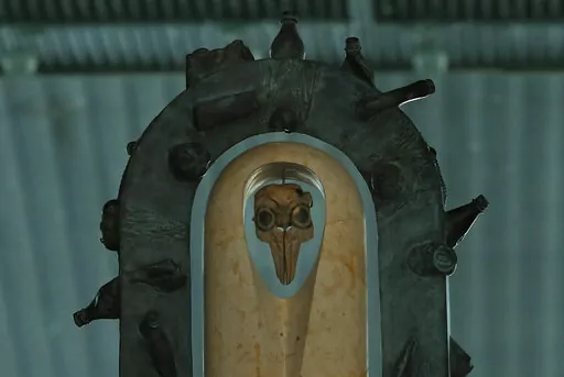 An altar constructed from recycled material of a vaquita porpoise skull is pictured during a march in support of the endangered porpoise, in Mexico City, Feb. 17, 2018.  The U.S. Trade Representative’s Office filed the first environmental complaint against Mexico Thursday, Feb. 10, 2022, for failing to protect the critically endangered vaquita marina, the world’s smallest porpoise. (AP Photo/Marco Ugarte, File)