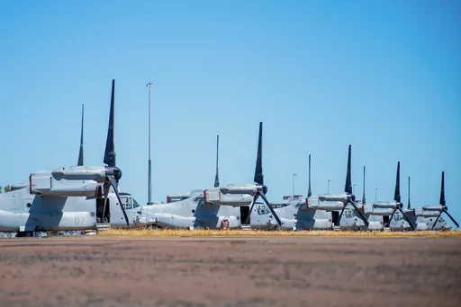 In this photo released by Australian Department of Defense, United States Marine Corps MV-22B Osprey tiltrotor aircraft are parked at RAAF Base Darwin, Australia, Aug. 11, 2023, during Exercise Alon at the Indo-Pacific Endeavour 2023. Several U.S. Marines remained in a hospital in the Australian north coast city of Darwin on Monday after they were injured in a fiery crash of a tiltrotor aircraft on an island. (CPL Robert Whitmore/Australian Department of Defense via AP)