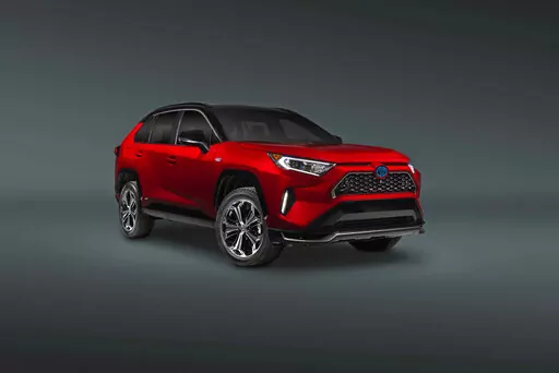 This photo provided by Toyota shows the 2022 Toyota RAV4 Prime, a small plug-in hybrid SUV with an electric range of about 42 miles and a combined fuel economy rating of 38 mpg. (Courtesy of Toyota Motor Sales U.S.A. via AP)