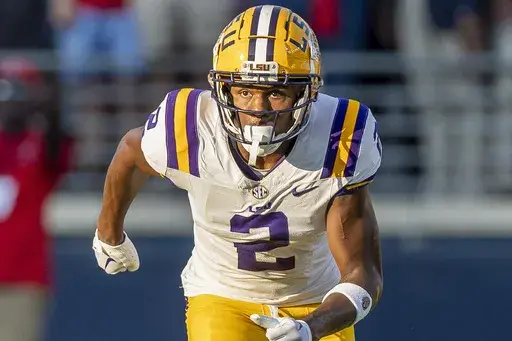 Then-LSU wide receiver Kyren Lacy (2) during the first half of an NCAA football game on Saturday, Sept. 30, 2023, in Oxford, Miss. (AP Photo/Vasha Hunt, File)
