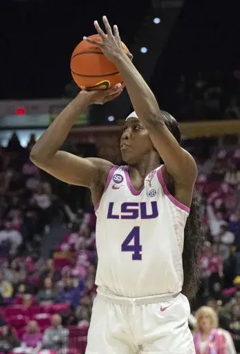 LSU guard Flau'jae Johnson (4) takes a shot during an NCAA college basketball game against Georgia, Thursday, Feb. 20, 2025, in Baton Rouge, La. (Hilary Scheinuk/The Advocate via AP)