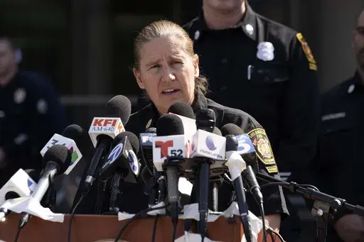 Los Angeles Fire Department Chief Kristin Crowley talks during a news conference at Harbor–UCLA Medical Center in the West Carson area of Los Angeles on Thursday, Feb. 15, 2024. (AP Photo/Richard Vogel, File)