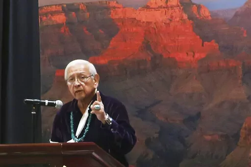 Former Navajo chairman and president, Peterson Zah, speaks to a crowd gathered to honor his work in promoting Navajo language and culture, inspiring youth and strengthening tribal sovereignty on Jan. 11 2022, at the Navajo Nation casino east of Flagstaff, Ariz. Zah, a monumental Navajo Nation leader who guided the tribe through a politically tumultuous era and worked tirelessly to correct wrongdoings against Native Americans, has died. He died late Tuesday, March 7, 2023, at a hospital in Fort D