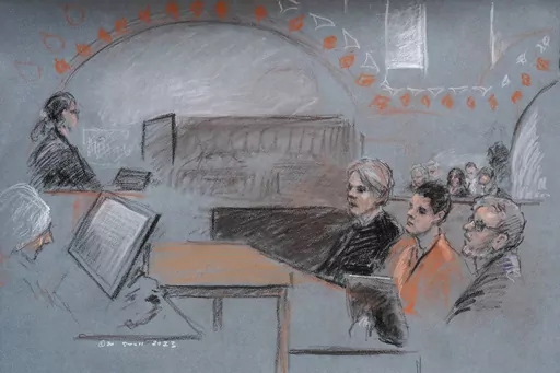 In this artist depiction, Massachusetts Air National Guardsman Jack Teixeira, seated second from right, appears in U.S. District Court, in Boston, April 19, 2023. Teixeira, accused of leaking highly classified military documents on a social media platform, is due back in court on June 21, after being indicted on federal felony charges. (Margaret Small via AP)
