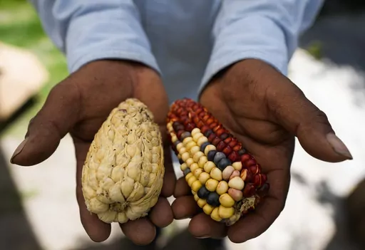 Farmer Juan Vargas shows samples of his heirloom corn grown on his farm in Ixtenco, Mexico, Thursday, June 15, 2023. For years, Vargas worried that these heirloom varieties — running from deep red to pale pink, from golden yellow to dark blue — passed down from his parents and grandparents would disappear. (AP Photo/Fernando Llano)