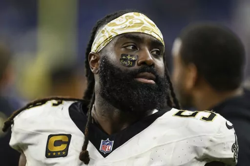 New Orleans Saints linebacker Demario Davis looks on from the sidelines during an NFL football game against the Indianapolis Colts, Oct. 29, 2023, in Indianapolis. Saints general manager Mickey Loomis says the club as agreed to terms with Davis Monday, March 11, 2024, on a two-year contract through the 2025 season. (AP Photo/Zach Bolinger, File)
