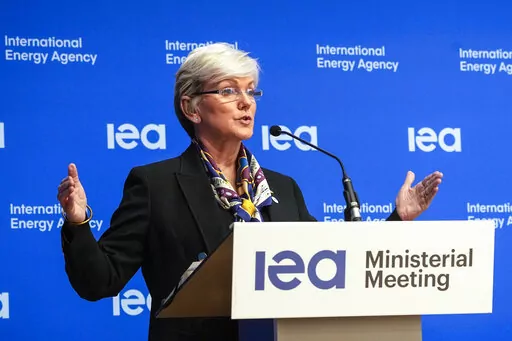 US Secretary of Energy Jennifer M. Granholm speaks during the closing media conference at the International Energy Agency (IEA) ministerial meeting in Paris, on March 24, 2022. Granholm said Wednesday, April 27, 2022, that Russia's war on Ukraine “screams” that the world needs to stop importing oil and gas from Russia and instead move toward other forms of energy.  (AP Photo/Michel Euler, File)