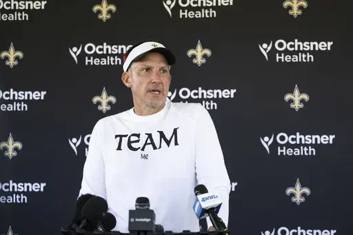 New Orleans Saints head coach Dennis Allen speaks during a news conference at NFL football training camp, Wednesday, July 24, 2024, in Irvine, Calif. (AP Photo/Kyusung Gong)