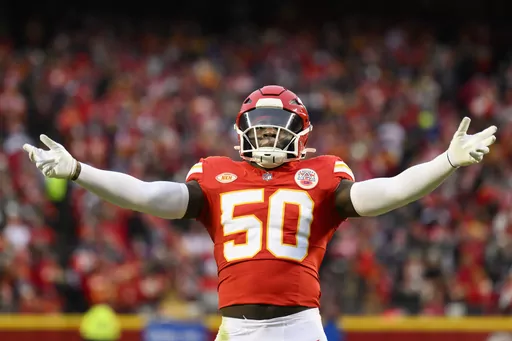 FILE -Kansas City Chiefs linebacker Willie Gay celebrates a defensive play against the Cincinnati Bengals during the first half of an NFL football game, Sunday, Dec. 31, 2023 in Kansas City, Mo. The New Orleans Saints and former Kansas City Chiefs linebacker Willie Gay have agreed to a one-year contract worth up to $5 million, a personal familiar with the matter said Tuesday night, March 12, 2024. (AP Photo/Reed Hoffmann, File)