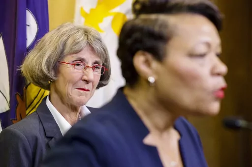 Anne Kirkpatrick, left, listens as New Orleans Mayor LaToya Cantrell, right, announces Kirkpatrick as her nominee to head the New Orleans Police Department, Sept. 11, 2023, at City Hall in New Orleans. Kirkpatrick, a veteran police official who has served as chief of departments in Spokane, Wash., and Oakland, Calif., won City Council approval as New Orleans' new police chief Thursday, Oct. 19, on a 6-1 vote. (Chris Granger/The Times-Picayune/The New Orleans Advocate via AP, File)