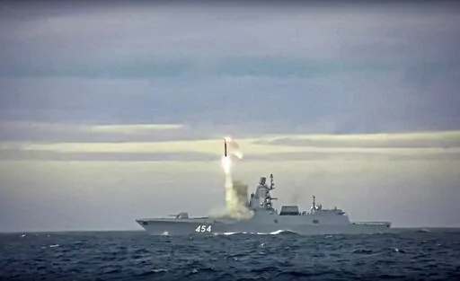 In this image taken from video released by Russian Defense Ministry Press Service on Saturday, May 28, 2022, a new Zircon hypersonic cruise missile is launched by the frigate Admiral Gorshkov of the Russian navy from the Barents Sea. Russia's Defense Ministry said the Russian navy successfully launched a new hypersonic missile from the Barents Sea. The ministry said the recently developed Zircon hypersonic cruise missile had struck its target about 1,000 kilometers away. (Russian Defense Ministr