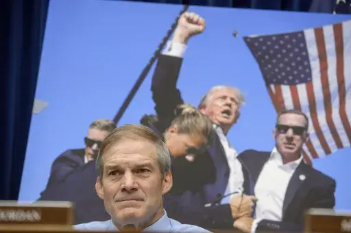 Rep. Jim Jordan, R-Ohio, listens as U.S. Secret Service Director Kimberly Cheatle testifies before the House Oversight and Accountability Committee about the attempted assassination of former President Donald Trump at a campaign event in Pennsylvania, at the Capitol in Washington, Monday, July 22, 2024. (AP Photo/Rod Lamkey, Jr.)