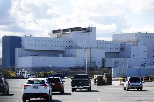 FILE — The Vernon C. Bain Correctional Center is seen docked in the Bronx borough of New York, Monday, Oct. 16, 2023. It arrived in 1992 as a temporary measure to ease overcrowding on Rikers Island, the city's main jail complex for detainees awaiting trial. Three decades later, the 800-bed lockup – believed to be the last operating prison ship in the United States — is finally closing down. (AP Photo/Seth Wenig, File)