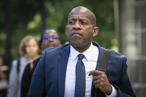 Carlos Watson leaves Brooklyn federal court after testifying in his own defense in New York, Monday, July 1, 2024. (AP Photo/Stefan Jeremiah, File)