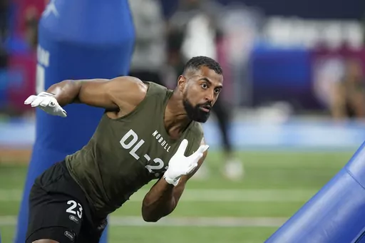 Pittsburgh defensive lineman Habakkuk Baldonado runs a drill at the NFL football scouting combine in Indianapolis, Thursday, March 2, 2023. Baldonado spent three years playing American football in Rome before ever setting foot on U.S. soil. Now, he’s hoping the become the next Pittsburgh protégé to make it big in the NFL. (AP Photo/Darron Cummings, File)