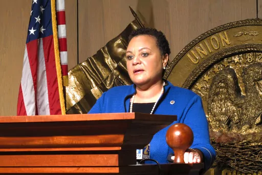 Then-state Sen. Karen Carter Peterson, D-New Orleans, speaks on Jan. 20, 2021, in Baton Rouge, La. The former Louisiana legislator and state Democratic Party leader was sentenced to 22 months in prison Wednesday, Jan. 11, 2023, for federal wire fraud. (AP Photo/Melinda Deslatte, File)