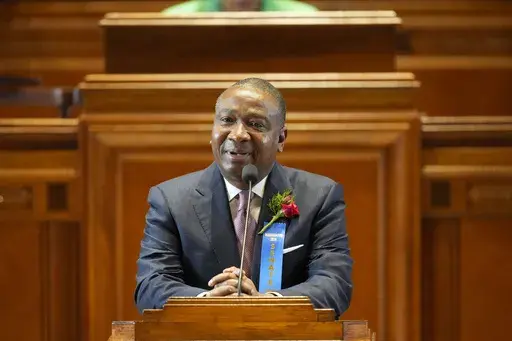Democrat state Sen. Cleo Fields speaks during the swearing in of the Louisiana state legislature in Baton Rouge, La., Monday, Jan. 8, 2024. (AP Photo/Gerald Herbert, Pool)