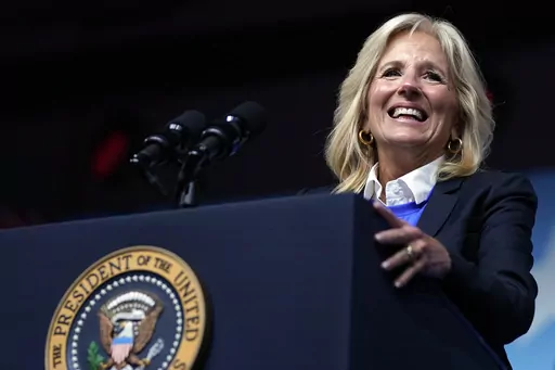 First lady Jill Biden speaks at a political rally for President Joe Biden at the Philadelphia Convention Center in Philadelphia, Saturday, June 17, 2023. (AP Photo/Manuel Balce Ceneta)