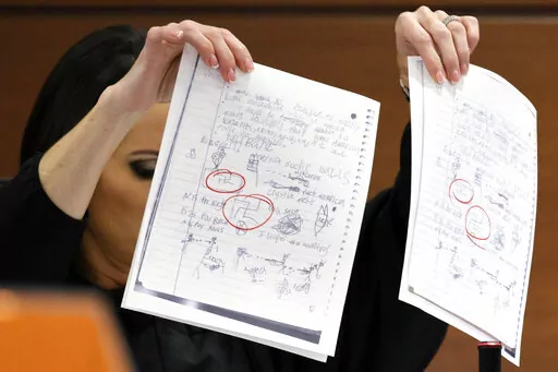 EDS NOTE: OBSCENITY - Judge Elizabeth Scherer holds up documents as she considers arguments from the defense that the jury should be prevented from seeing the swastikas on the pages (circled in red) during the penalty phase of the trial of Marjory Stoneman Douglas High School shooter Nikolas Cruz at the Broward County Courthouse in Fort Lauderdale, Fla., on Thursday, Sept. 1, 2022. Cruz previously pleaded guilty to all 17 counts of premeditated murder and 17 counts of attempted murder in the 201