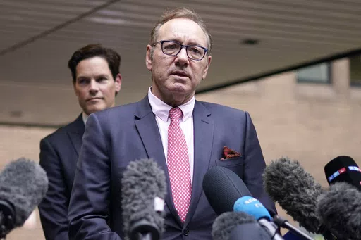 Actor Kevin Spacey addresses the media outside Southwark Crown Court in London, Wednesday, July 26, 2023. Spacey, the Oscar-winning actor, has denied new allegations of inappropriate behavior from men who will feature in a documentary on British television that is due to be released on May, 6-7, 2024. (AP Photo/Alberto Pezzali, File)