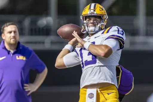 LSU quarterback Garrett Nussmeier (13) during an NCAA football game, Sept. 16, 2023, in Starkville, Miss. (AP Photo/Vasha Hunt, File)