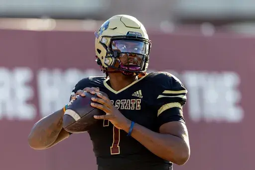 Texas State quarterback TJ Finley (7) prepares to compete against Louisiana Monroe during an NCAA football game Oct. 14, 2023, in San Marcos Texas. (AP Photo/Stephen Spillman, File)