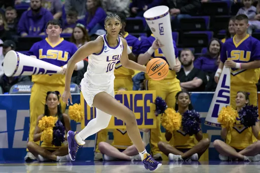 LSU forward Angel Reese (10) dribbles during a first-round college basketball game in the women's NCAA Tournament in Baton Rouge, La., Friday, March 17, 2023. Coming off the school's first NCAA women's basketball championship, LSU is ranked No. 1 in the AP Top 25 preseason women's basketball poll, released Tuesday, Oct. 17, 2023. There's clearly a lot of optimism around LSU as they return a stellar group, including Angel Reese and added two huge transfers with Hailey Van Lith and Aneesah Morrow.