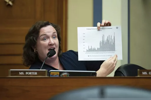 Rep. Katie Porter, D-Calif., asks questions during a hearing, Feb. 7, 2023, in Washington. Porter built a social media reputation by wielding a white board at congressional hearings, and that helped propelled her campaign for the Senate. But on Super Tuesday, the numbers didn't add up for her in the primary and she'll be out of a job in Washington come January. (AP Photo/Kevin Wolf)