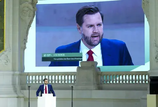 United States Vice-President JD Vance delivers a speech during the Artificial Intelligence Action Summit at the Grand Palais in Paris, France, Tuesday, Feb. 11, 2025. (Sean Kilpatrick/The Canadian Press via AP)