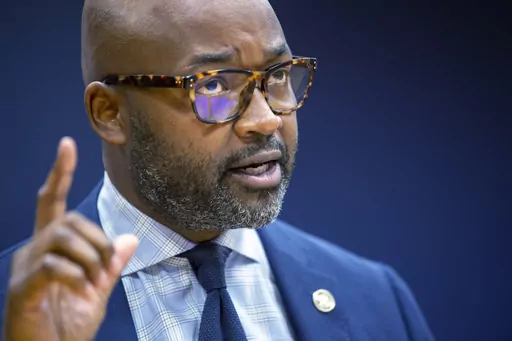 New Orleans District Attorney Jason Williams talks during a news conference at his office, Jan. 19, 2022, in New Orleans. Four teenagers pleaded not guilty Monday, Feb. 5, 2024 to charges in the October carjacking of District Attorney Williams and his mother. The suspects range in age from 16 to 18. (Chris Granger/The Times-Picayune/The New Orleans Advocate via AP, file)