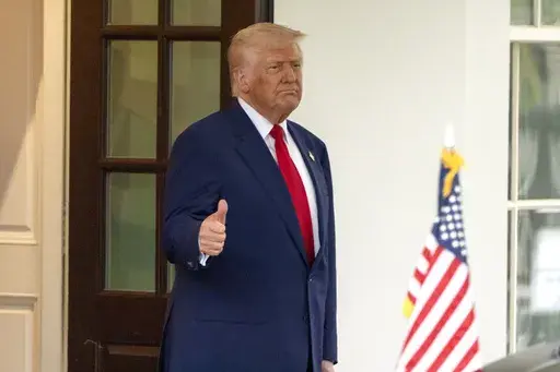 President Donald Trump gives a thumbs-up as Israel's Prime Minister Benjamin Netanyahu leaves the West Wing of the White House, Monday, April 7, 2025, in Washington. (AP Photo/Mark Schiefelbein)