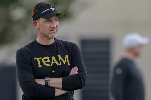 New Orleans Saints head coach Dennis Allen watches his team during the NFL football team's rookie minicamp in Metairie, La., Saturday, May 13, 2023. (AP Photo/Matthew Hinton)