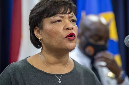New Orleans Mayor LaToya Cantrell speaks at the police headquarters in New Orleans about the uptick in crime around the city, Feb. 2, 2022. Cantrell said Wednesday, March 22, 2023, that a “great weight” has been lifted from her with the failure of a recall petition drive that began in August. (Chris Granger/The Times-Picayune/The New Orleans Advocate via AP, File)