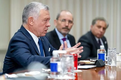 Jordan's King Abdullah II bin Al-Hussein speaks during a meeting with Secretary of Defense Lloyd Austin at the Pentagon in Washington, Thursday, May 12, 2022. (AP Photo/Andrew Harnik)