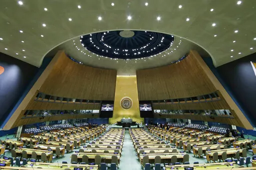 The United Nations General Assembly Hall sits empty before the start of the 76th Session of the General Assembly at U.N. headquarters on Sept. 20, 2021, in New York. A key U.N. committee has again blocked Myanmar’s military junta from taking the country’s seat at the United Nations, two well-informed U.N. diplomats said Wednesday, Dec. 14, 2022. (John Angelillo/Pool via AP, File)