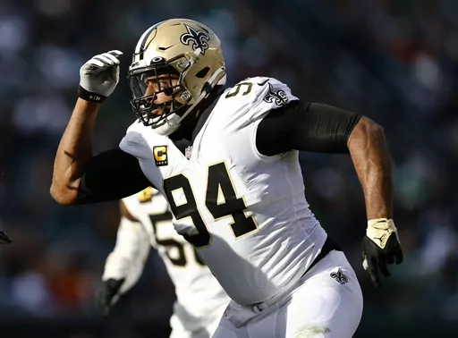 New Orleans Saints defensive end Cameron Jordan runs against the Philadelphia Eagles during an NFL football game Jan. 1, 2023, in Philadelphia. The Saints have signed veteran receiver James Washington and have been in talks with franchise all-time sack leader Jordan about a multi-year extension. (AP Photo/Rich Schultz, File)