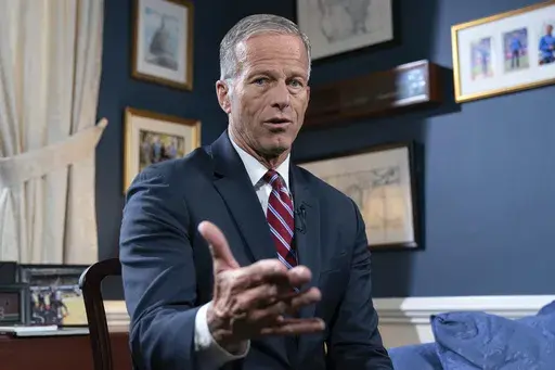 Senate Minority Whip John Thune, R-S.D., speaks during an interview with The Associated Press at the Capitol in Washington, Wednesday, Sept. 11, 2024. (AP Photo/Jose Luis Magana)
