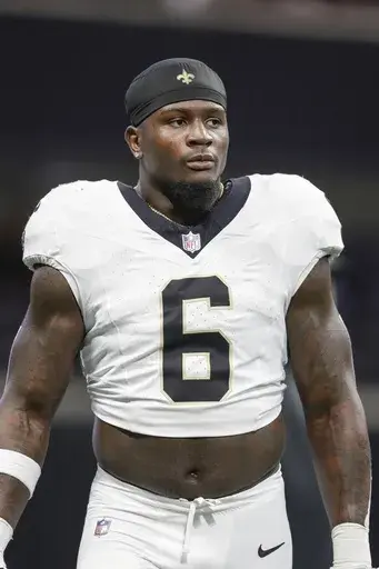New Orleans Saints linebacker Willie Gay Jr. (6) warms up prior to an NFL football game against the Atlanta Falcons, Sunday, Sept. 29, 2024, in Atlanta. (AP Photo/Stew Milne, File)