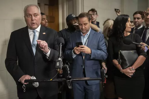 House Majority Leader Steve Scalise of La., speaks to reporters as he arrives for a meeting of House Republicans to vote on candidates for Speaker of the House on Capitol Hill, Wednesday, Oct. 11, 2023 in Washington. Stalemated over a new House speaker, the Republican majority is scheduled to convene behind closed doors to try to vote on a nominee. But lawmakers say Wednesday's private ballots to replace ousted Speaker Kevin McCarthy could take a while. (AP Photo/Mark Schiefelbein)