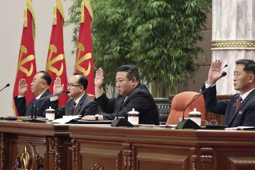 In this photo provided on June 19, 2023, by the North Korean government, North Korean leader Kim Jong Un, center, attends an enlarged plenary meeting of the ruling Workers’ Party’s Central Committee, which was held between June 16 and 18, at the party's headquarters in Pyongyang, North Korea. Independent journalists were not given access to cover the event depicted in this image distributed by the North Korean government. The content of this image is as provided and cannot be independently v