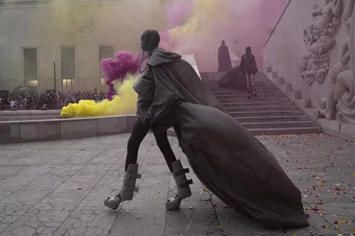A model wears a creation for Rick Owens Spring/Summer 2024 womenswear fashion collection presented Thursday, Sept.28, 2023 in Paris. (AP Photo/Michel Euler)